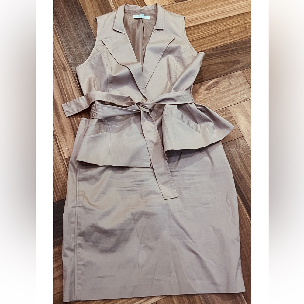 New York & Company Taupe Sleeveless Peplum Skirt Set with Tie Belt